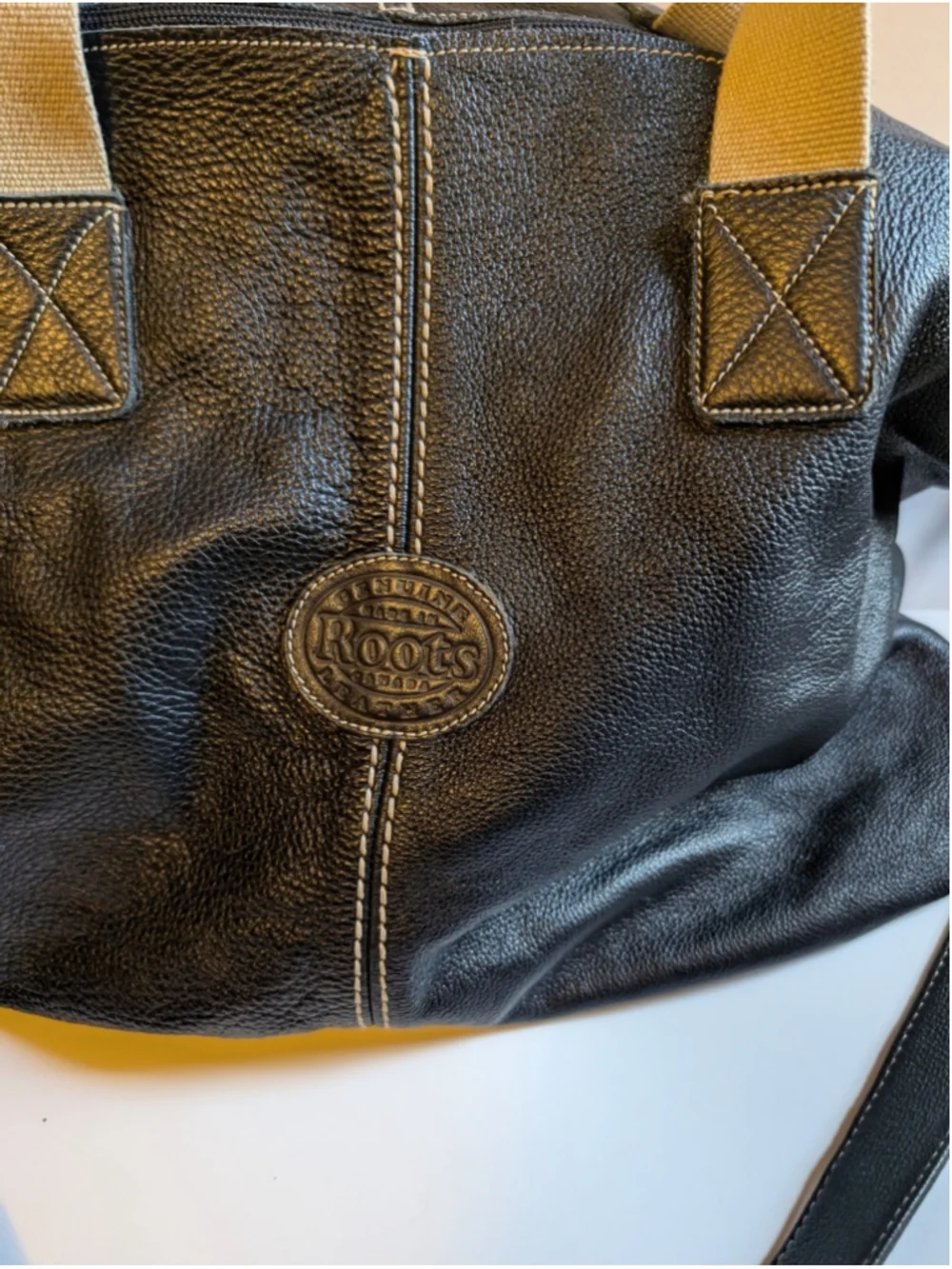 Roots Large Black Leather Shoulder Bag with Canvas Straps
